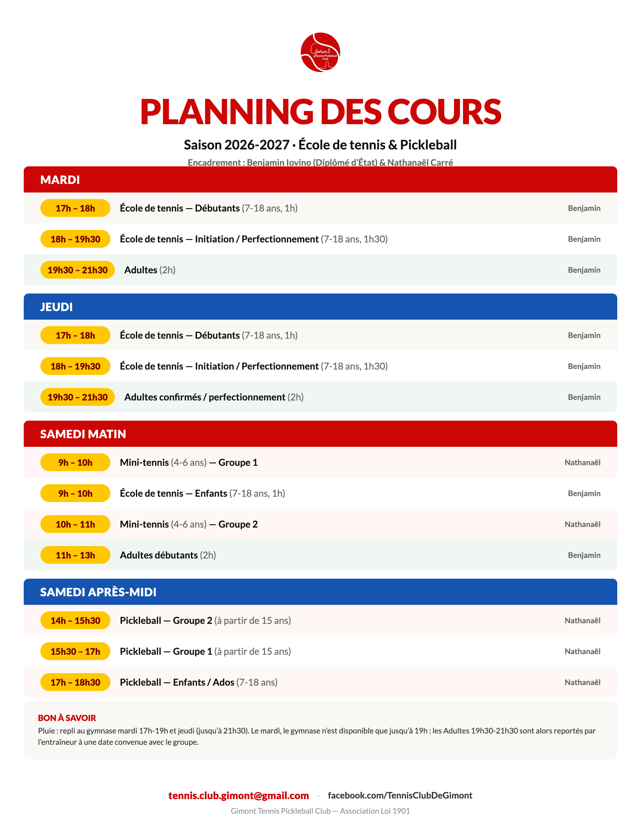 Planning des cours 2026-2027 du Gimont Tennis Pickleball Club